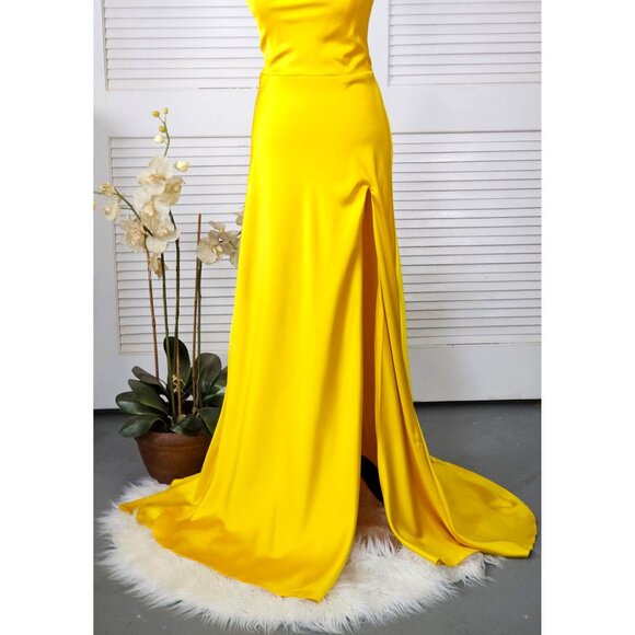NWT Ellie Wilde Mon Cheri Sunflower Yellow Satin Long Prom Dress Size 16 1751 - Picture 7 of 16